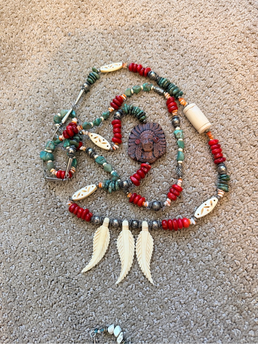 Carved Bone & Leather Chief Necklace w Heish Turquoise, Coral, Spiney Oyster - Picture 8 of 11